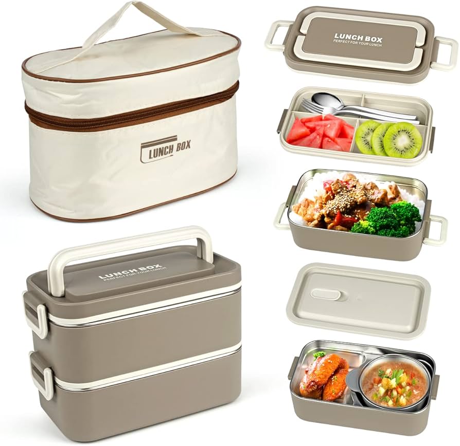 Insulated lunch box set with carry bag, featuring multiple compartments and a sturdy handle for easy transport.