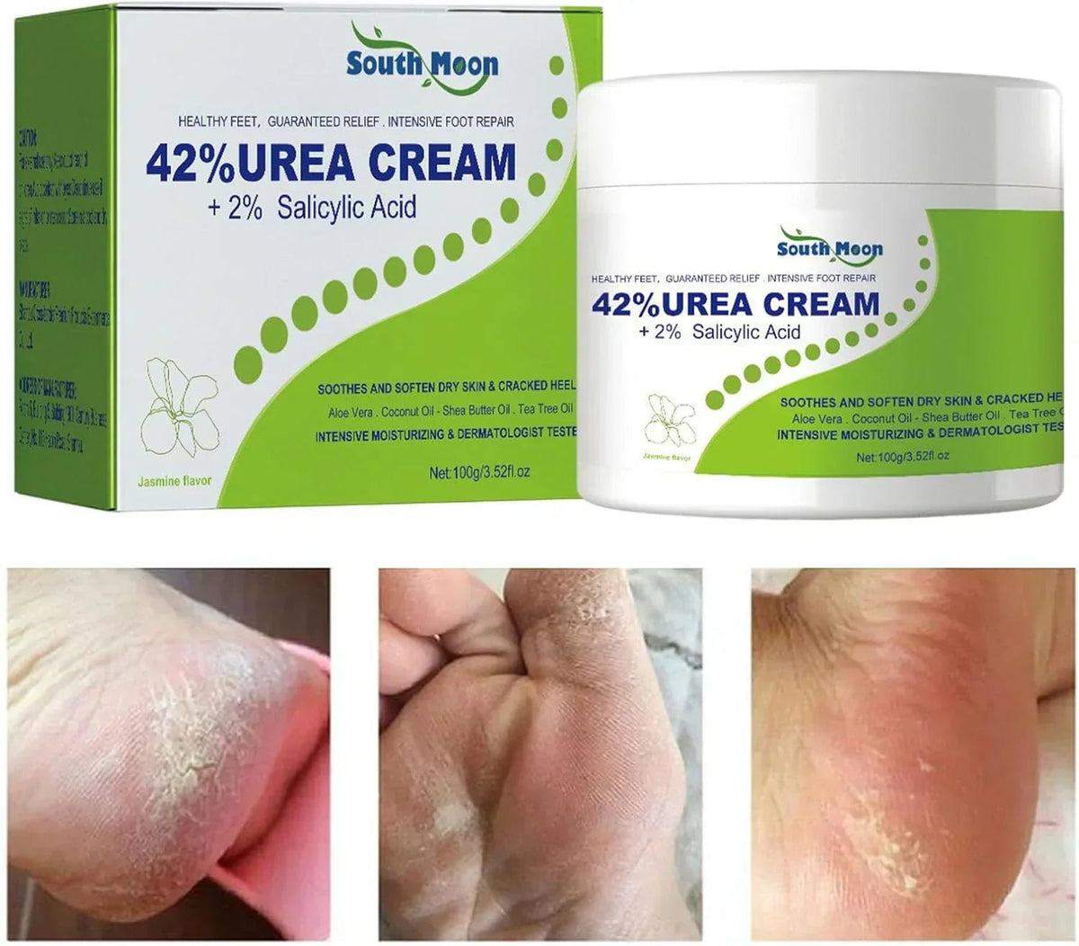 South Moon 42% Urea Cream with 2% Salicylic Acid, shown in a jar with a white lid, for dry and rough skin treatment