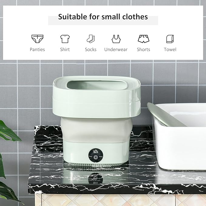 Foldable mini laundry machine by Bloom Mart, compact and portable appliance with a white exterior and control panel for easy use.