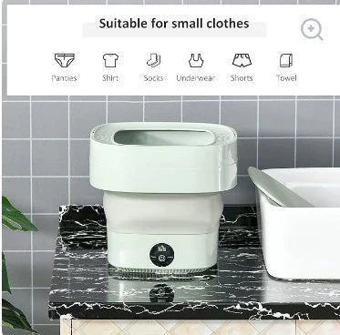Foldable mini laundry machine by Bloom Mart with compact design, white plastic body, and control panel for easy laundry loads.