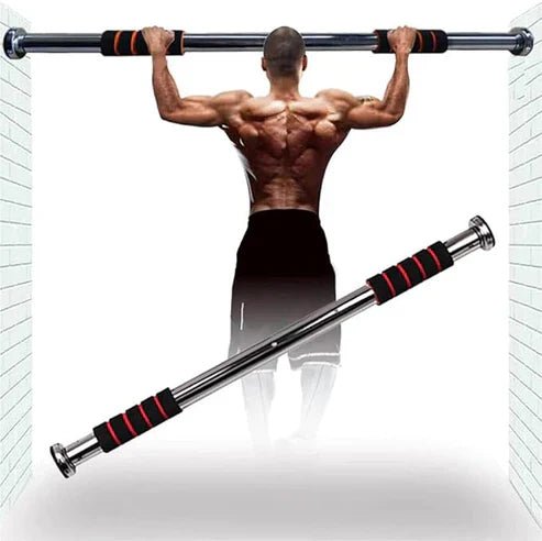 Doorway gym bar by Lordex mounted on door frame, metal workout bar for strength exercises, suitable for home gym use
