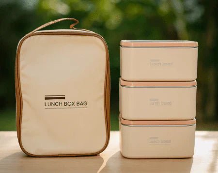 Insulated lunch box set with carry bag featuring multiple containers and utensils for convenient on-the-go meals.