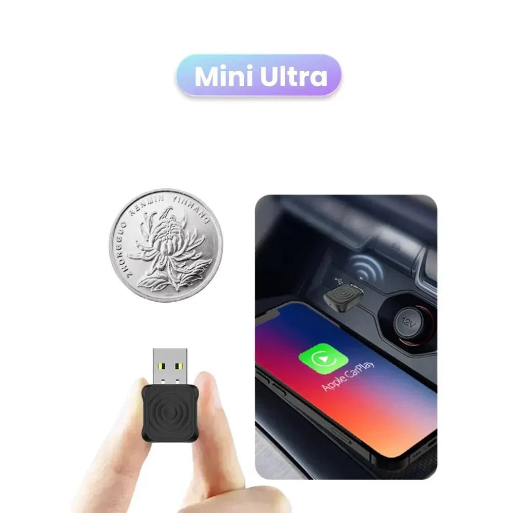 Wireless Car Play Adapter by My Store connected to a car dashboard, enabling seamless wireless smartphone integration.